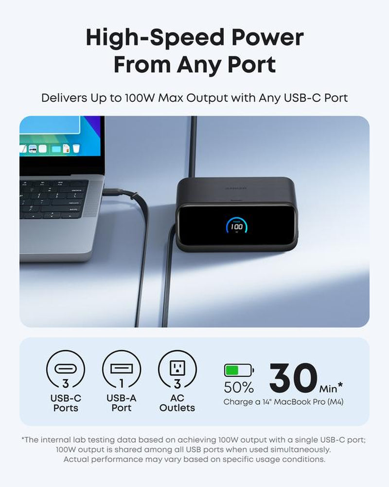 Anker Nano Charging Station, 7-In-1 USB-C Power Strip for Iphone 16, 2.3 Ft Anker Instacord Retractable Cable, 3 USB-C, 1 USB-A, 3 AC, 100W Fast Charging Desktop Accessory for Macbook, Home, Office