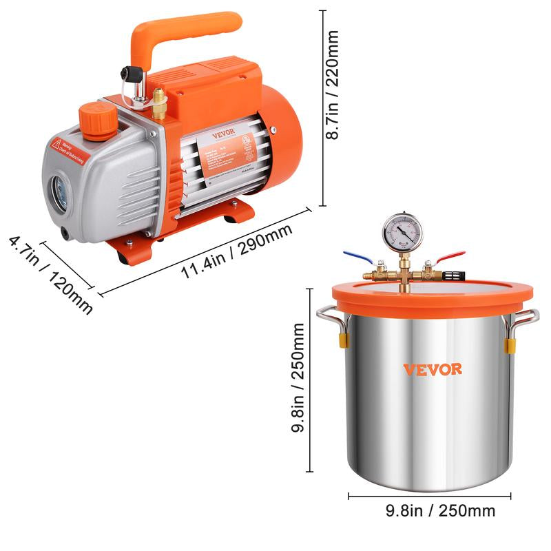VEVOR 3 Gallon Vacuum Chamber and 3.5 CFM Pump Kit, Tempered Glass Lid Vacuum Degassing Chamber Kit, Single Stage Vacuum Pump with 250 Ml Oil Bottle, for Stabilizing Wood, Degassing Silicones, Epoxies