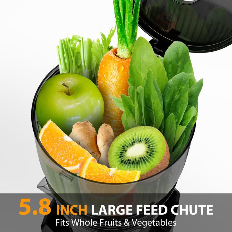 Pukomc 5.8" Wide Chute Cold Press Juicer with Auto Cut Mechanism High Yield Extraction Easy Lock System & 2 Cups for Fresh Whole Fruit Juices