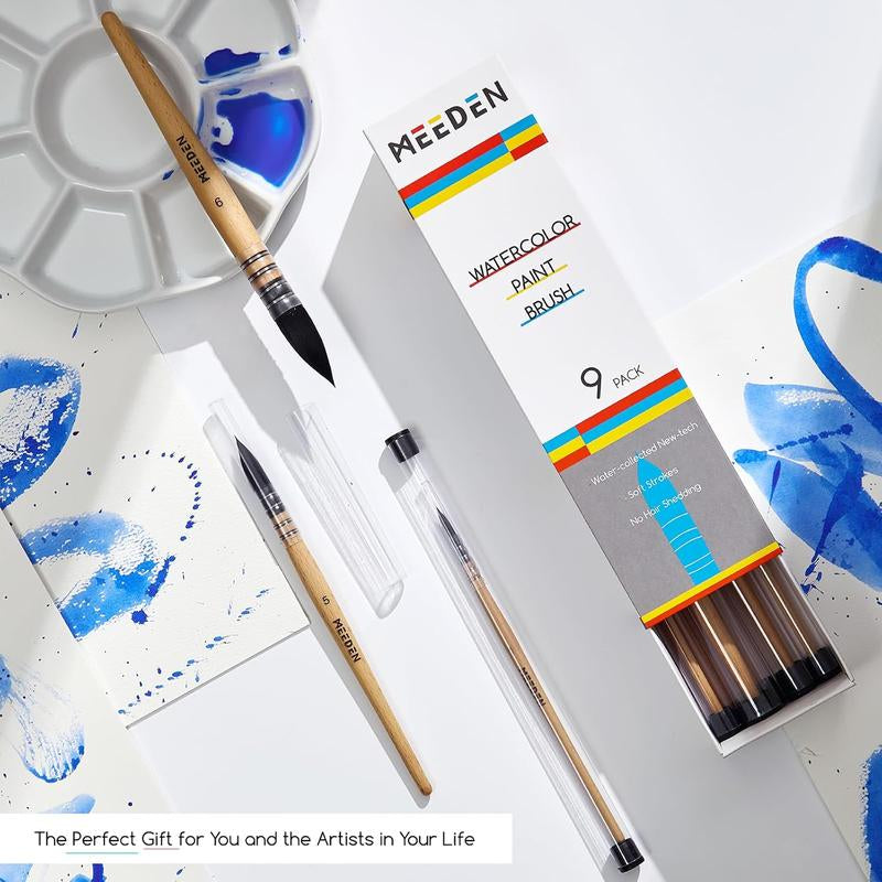 MEEDEN Watercolor Brushes Professional - 9 Pack Synthetic Squirrel Hair Artist Paint Brushes Set with Beech Wood Handle Great for Artists Hobbyists