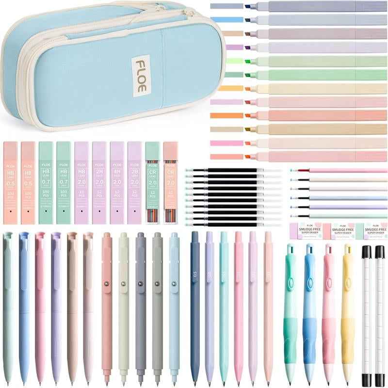 Aesthetic School Supplies with Cute Pencil Case, Pastel Highlighters Gel Pens Mechanical Pencils Set 0.5 0.7 & 2.0Mm, Office Back to School Supplies College Essentials Kit Student Stationary Set,Back to School Gift,Birthday'S Gift
