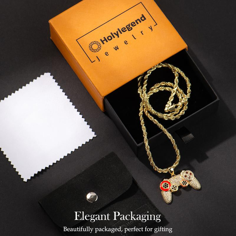 Holylegend 14K Real Gold-Plated Game Controller Necklace, Sony-Inspired CZ Diamond Pendant, 24" Rope & Cuban Chain, Hip Hop Jewelry Gift for Playstation Fans