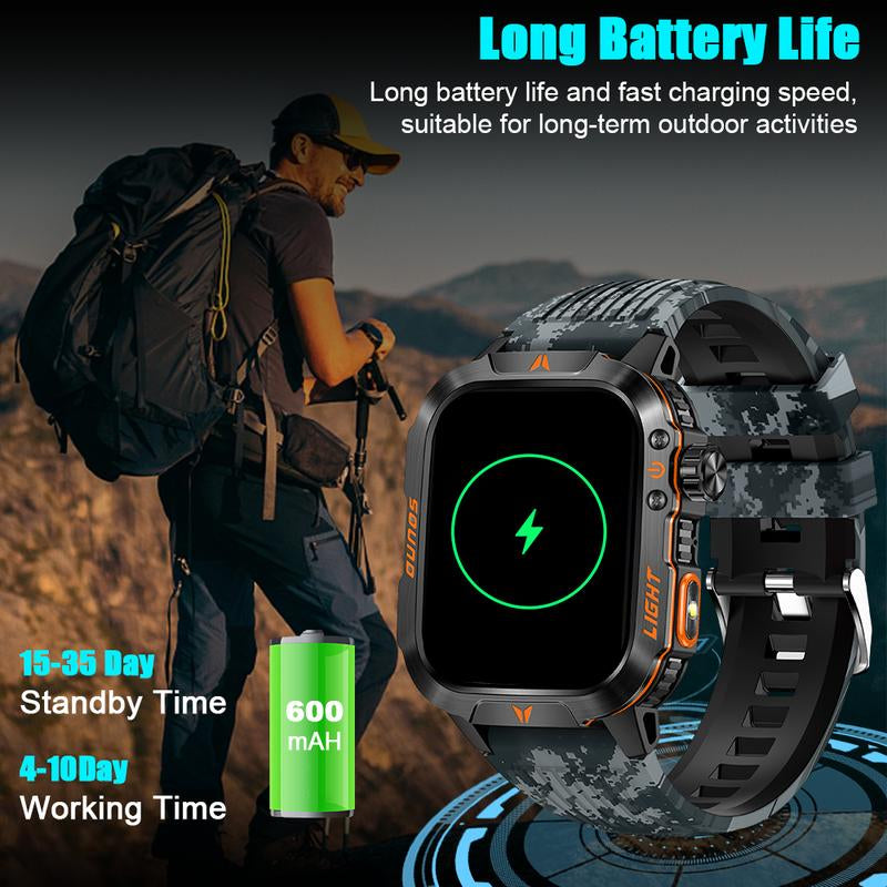 Military Smart Watch for Men, 1.52" HD Fitness with Flashlight Smartwatch with Answer/Make Call, Sport Watch with Heart Rate Spo2 Stress and Sleep Monitor Compatible with Iphone and Android Phones, Waterproof