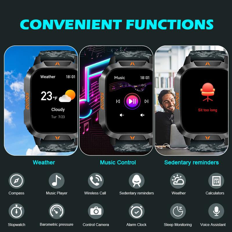 Military Smart Watch for Men, 1.52" HD Fitness with Flashlight Smartwatch with Answer/Make Call, Sport Watch with Heart Rate Spo2 Stress and Sleep Monitor Compatible with Iphone and Android Phones, Waterproof