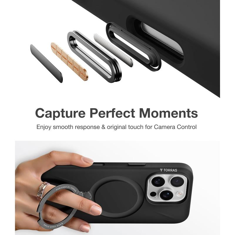 TORRAS Ostand Spin Fusion for Iphone 16 Pro Max Case Silicone with Stand, Fit for Magsafe, Camera Control, Liquid Silicone Case, Natural Skin Touch