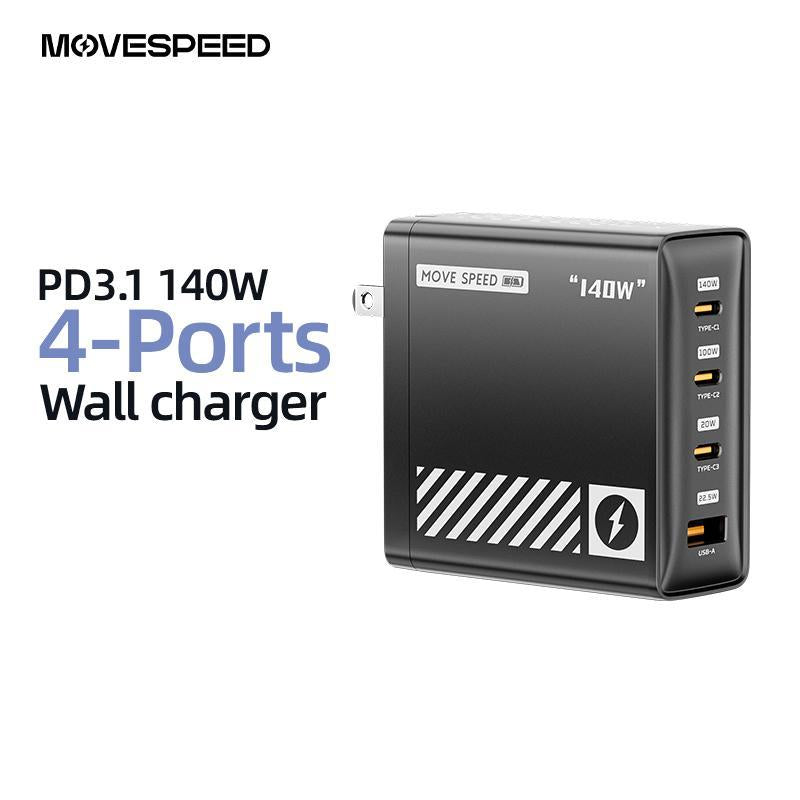 MOVE SPEED 140W USB C Charger PD3.1 Gan 4-Port Compact Laptop Wall Charger Foldable Plug 3Xusb-C Ports Fast Charging for Macbook Pro/Air, Iphone, Ipad Pro, Dell XPS Etc (With 140W Cable)