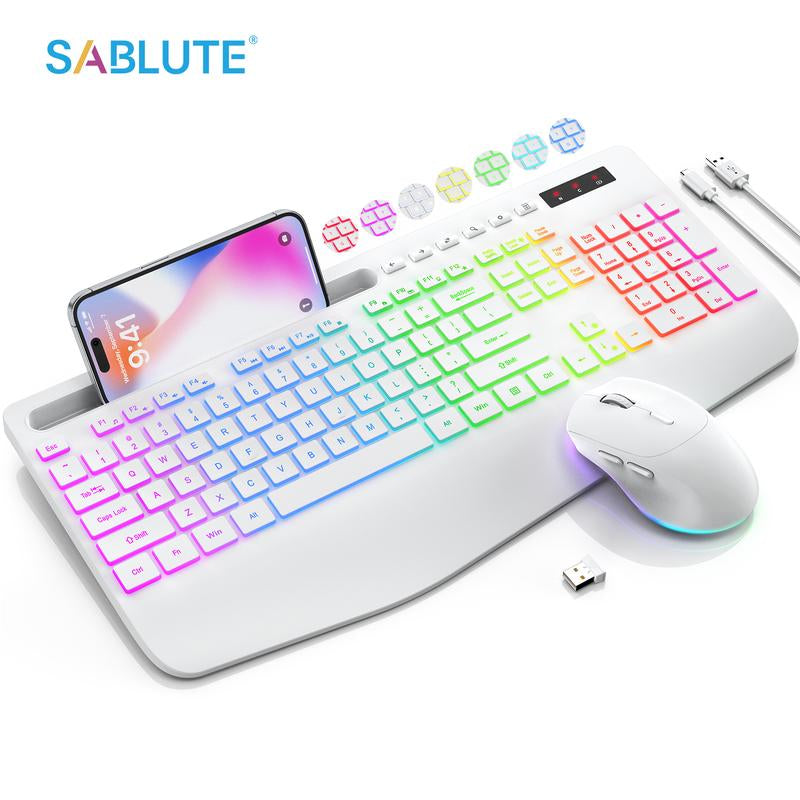 SABLUTE Wireless Keyboard and Mouse Combo, 9 Backlit Effects, Large Print, Wrist Rest, Phone Holder, 2.4G Lag-Free Ergonomic Keyboards, Rechargeable Easy to See Cordless Set for Computer, Laptop, PC