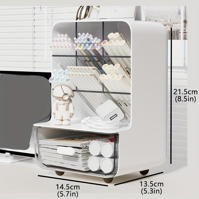 Modern Plastic Desktop Storage Box with Drawer, Multi-Compartment Pen Holder, Desk Organizer for Office Home School Student Teacher