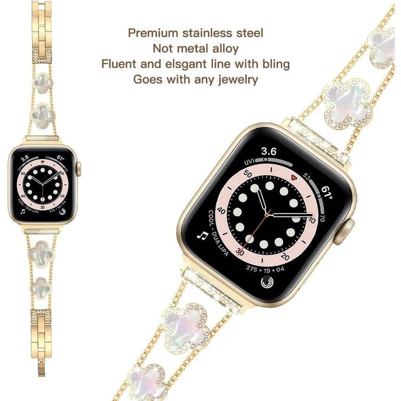 Four-Leaf Clover Diamond Metal Bands Add Sparkle to Your Watch for Apple Watch Series 10/9/8/7/6/5/4/3/2/1Se/Ultra Clover Simple and Stylish Compatible with 38Mm40Mm41Mm42Mm44Mm45Mm 46Mm49Mm Women'S Wear
