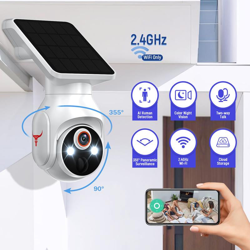 1080P Wifi Security Camera with Solar Panel, Wireless Outdoor, Camera for Home Security, Battery Powered, Pan Tilt, AI Motion Detection, Night Vision, 2-Way Talk, IP65, Cloud Storage, Human Detection, 2.4Ghz Only