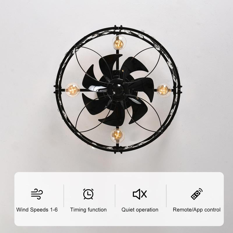 20In Caged Ceiling Fan with Light, Crystal Rustic Ceiling Fans with Remote, Bladeless Black Ceilingfan, Flush Mount Fanlights for Kitchen Bedroom