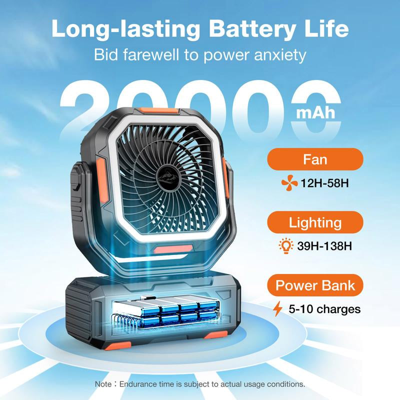 2025 Upgraded Camping Fan – 20000Mah Rechargeable Battery, LED Light, 270° Adjustable Head, Remote-Controlled Oscillating Desk Fan for Tents, Travel, and Home Use