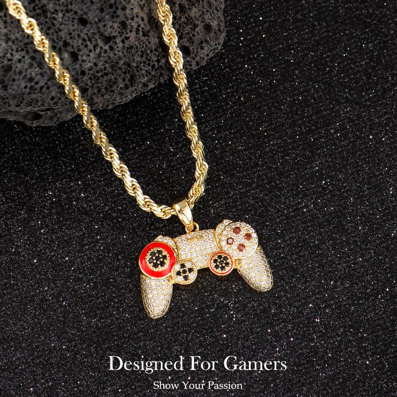 Holylegend 14K Real Gold-Plated Game Controller Necklace, Sony-Inspired CZ Diamond Pendant, 24" Rope & Cuban Chain, Hip Hop Jewelry Gift for Playstation Fans