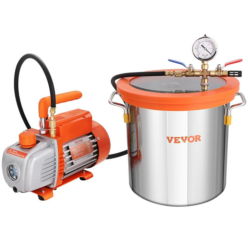 VEVOR 3 Gallon Vacuum Chamber and 3.5 CFM Pump Kit, Tempered Glass Lid Vacuum Degassing Chamber Kit, Single Stage Vacuum Pump with 250 Ml Oil Bottle, for Stabilizing Wood, Degassing Silicones, Epoxies