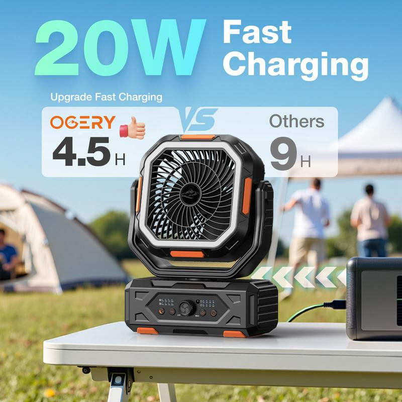 2025 Upgraded Camping Fan – 20000Mah Rechargeable Battery, LED Light, 270° Adjustable Head, Remote-Controlled Oscillating Desk Fan for Tents, Travel, and Home Use