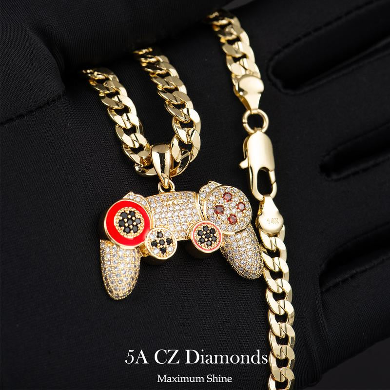 Holylegend 14K Real Gold-Plated Game Controller Necklace, Sony-Inspired CZ Diamond Pendant, 24" Rope & Cuban Chain, Hip Hop Jewelry Gift for Playstation Fans