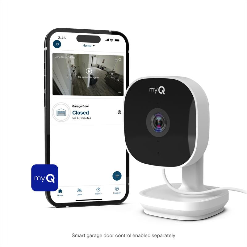 Myq Smart Indoor Security Camera – 1080P HD Video, Night Vision, Motion Detection, Wi-Fi, Two-Way Audio, Smartphone Control Lens