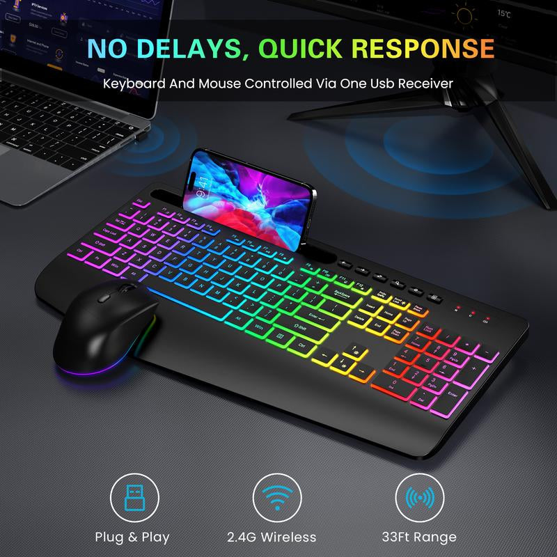 SABLUTE Wireless Keyboard and Mouse Combo, 9 Backlit Effects, Large Print, Wrist Rest, Phone Holder, 2.4G Lag-Free Ergonomic Keyboards, Rechargeable Easy to See Cordless Set for Computer, Laptop, PC
