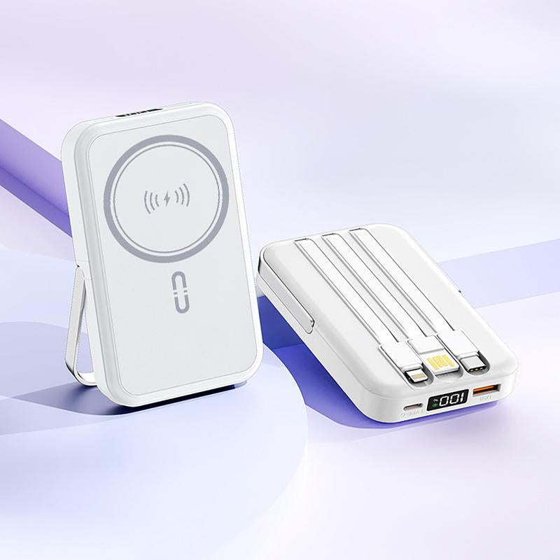 10000Mah Fast Charging Magnetic Power Bank W/ Stand and 3 Built-In Cables & Wireless Charging
