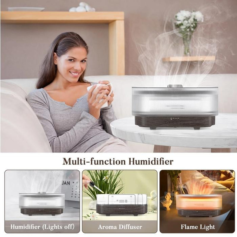 Sejoy Essential Oil Diffuser for Home Bedroom, 300Ml Cool Mist Humidifier with Flame Light, 6 Colors Changed, Dark Wood Grain