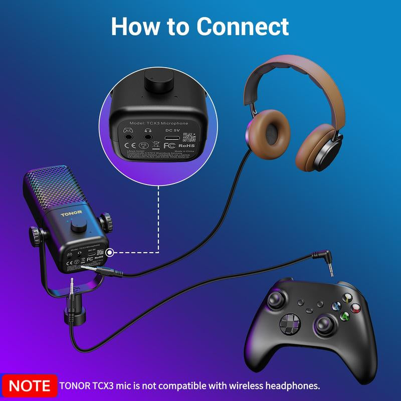 TONOR TCX3 Gaming Microphone for Xbox - RGB Condenser Streaming Mic with One Tap Mute, Long Battery Life, Fast Charging, Compatible with Capture Card