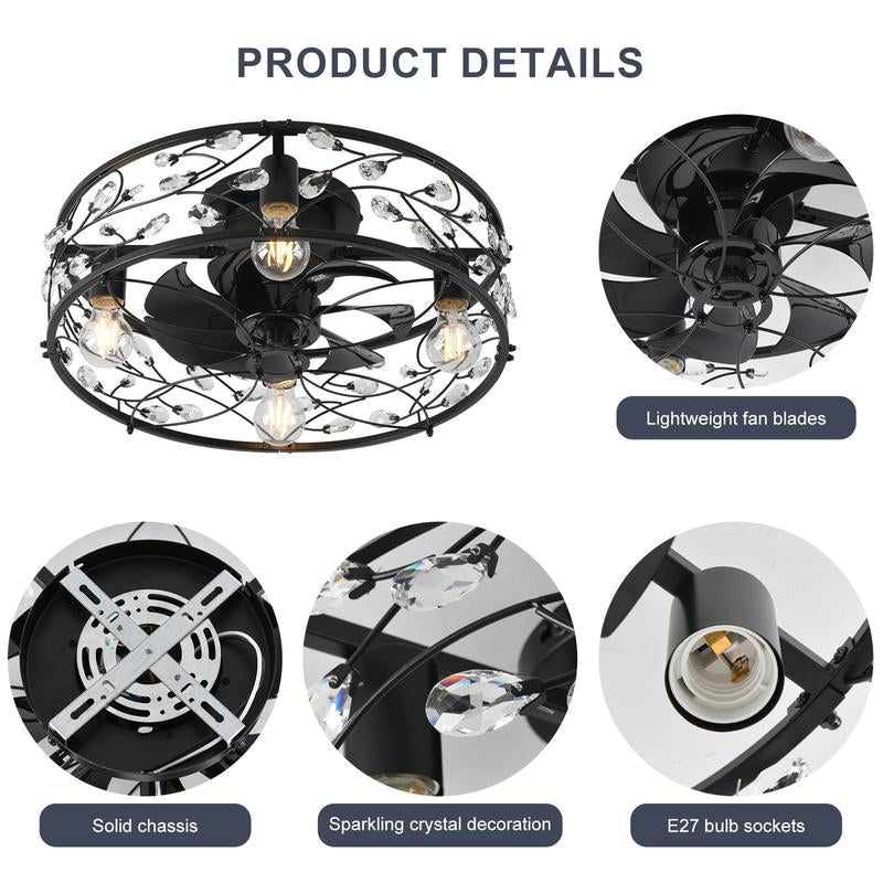 20In Caged Ceiling Fan with Light, Crystal Rustic Ceiling Fans with Remote, Bladeless Black Ceilingfan, Flush Mount Fanlights for Kitchen Bedroom