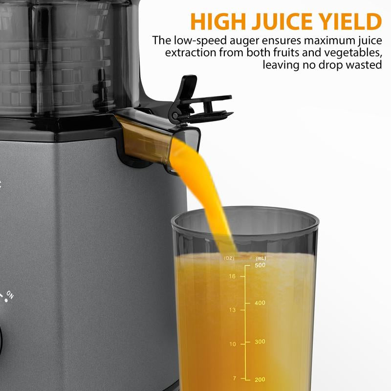 Pukomc 5.8" Wide Chute Cold Press Juicer with Auto Cut Mechanism High Yield Extraction Easy Lock System & 2 Cups for Fresh Whole Fruit Juices