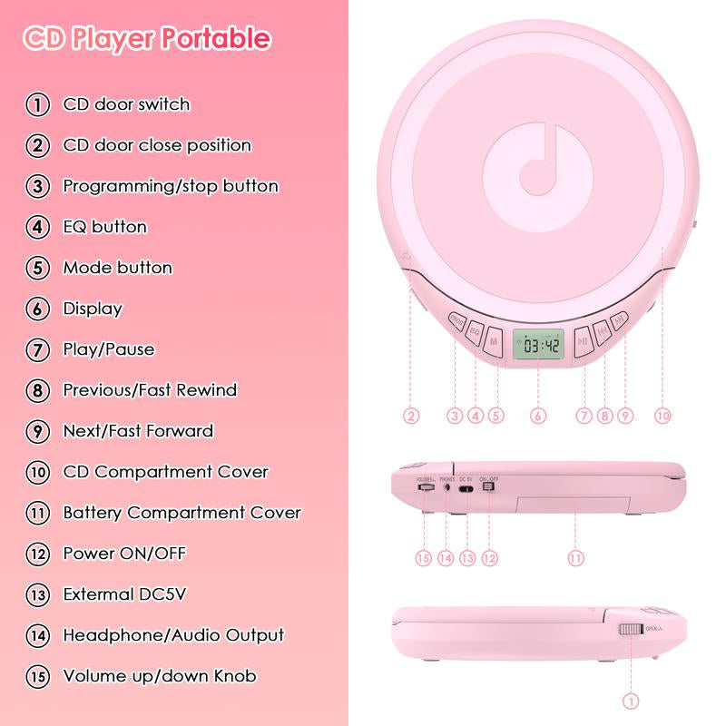 CD Player Portable CD Discman: with Earphones Portable CD Player for Car with Anti-Skip Shockproof Personal CD Player with LCD Display Support PROG Memory Function Repeat Playback Sound