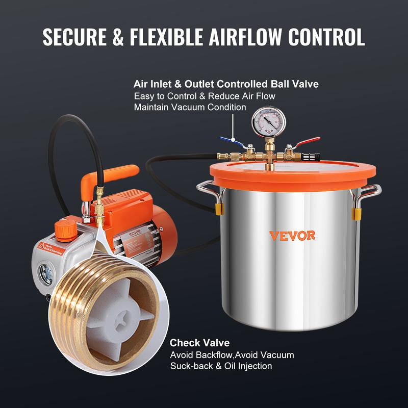 VEVOR 3 Gallon Vacuum Chamber and 3.5 CFM Pump Kit, Tempered Glass Lid Vacuum Degassing Chamber Kit, Single Stage Vacuum Pump with 250 Ml Oil Bottle, for Stabilizing Wood, Degassing Silicones, Epoxies