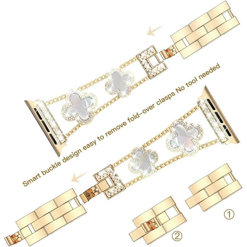 Four-Leaf Clover Diamond Metal Bands Add Sparkle to Your Watch for Apple Watch Series 10/9/8/7/6/5/4/3/2/1Se/Ultra Clover Simple and Stylish Compatible with 38Mm40Mm41Mm42Mm44Mm45Mm 46Mm49Mm Women'S Wear