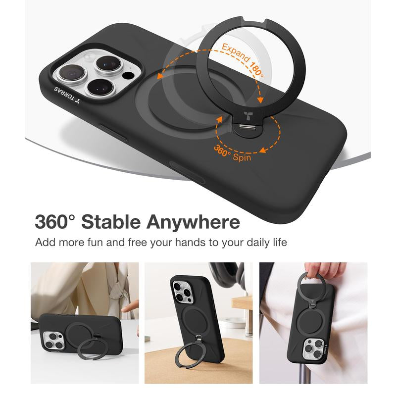 TORRAS Ostand Spin Fusion for Iphone 16 Pro Max Case Silicone with Stand, Fit for Magsafe, Camera Control, Liquid Silicone Case, Natural Skin Touch