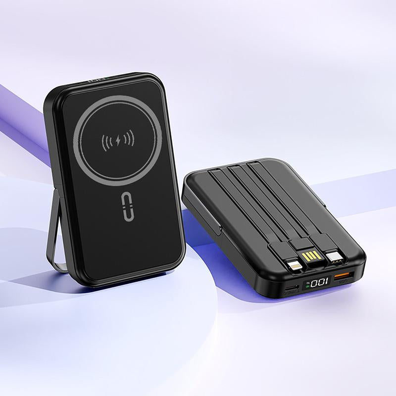 10000Mah Fast Charging Magnetic Power Bank W/ Stand and 3 Built-In Cables & Wireless Charging