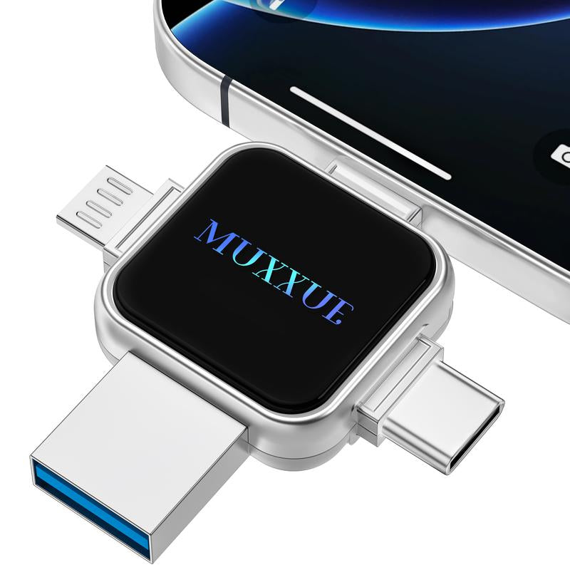 MUXXUE 512GB Flash Drive for I-Phone, 4-In-1 Multi-Port Memory Stick, Iphone External Storage, Easy Photos and Videos Backup, Plug and Play, No App Needed Usb Drive