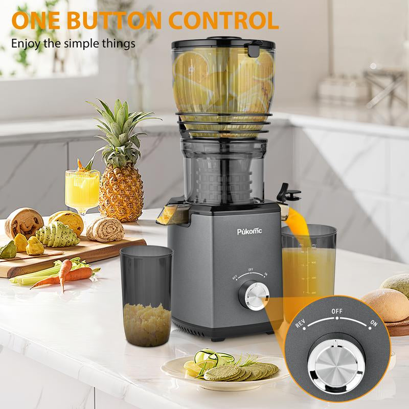 Pukomc 5.8" Wide Chute Cold Press Juicer with Auto Cut Mechanism High Yield Extraction Easy Lock System & 2 Cups for Fresh Whole Fruit Juices