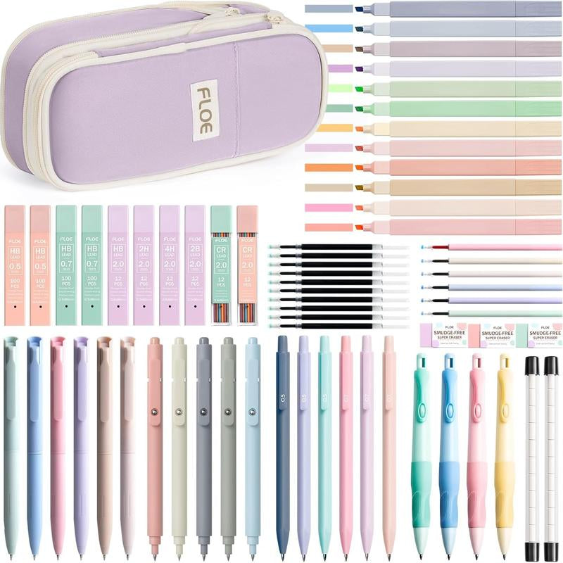 Aesthetic School Supplies with Cute Pencil Case, Pastel Highlighters Gel Pens Mechanical Pencils Set 0.5 0.7 & 2.0Mm, Office Back to School Supplies College Essentials Kit Student Stationary Set,Back to School Gift,Birthday'S Gift