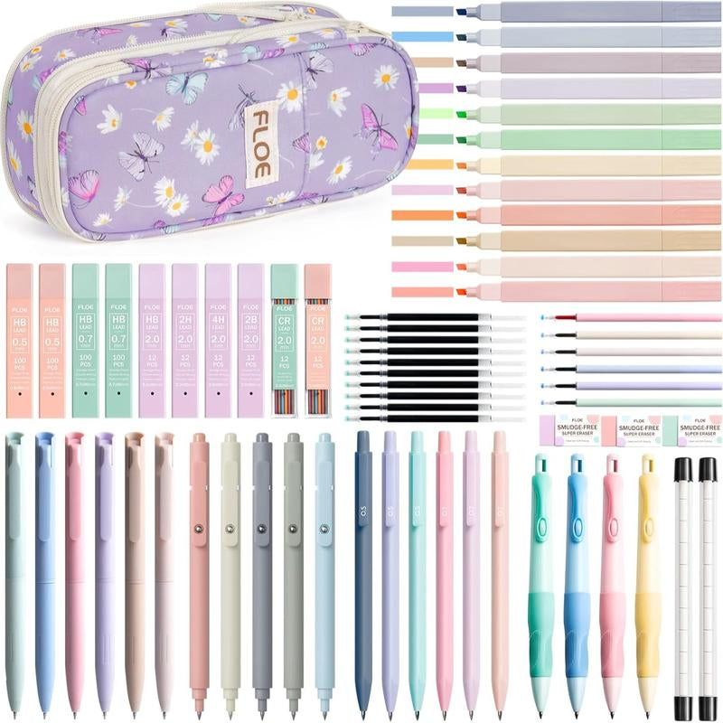 Aesthetic School Supplies with Cute Pencil Case, Pastel Highlighters Gel Pens Mechanical Pencils Set 0.5 0.7 & 2.0Mm, Office Back to School Supplies College Essentials Kit Student Stationary Set,Back to School Gift,Birthday'S Gift