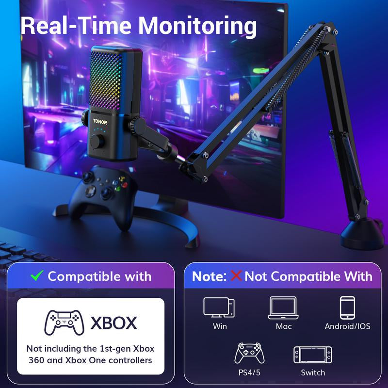 TONOR TCX3 Gaming Microphone for Xbox - RGB Condenser Streaming Mic with One Tap Mute, Long Battery Life, Fast Charging, Compatible with Capture Card