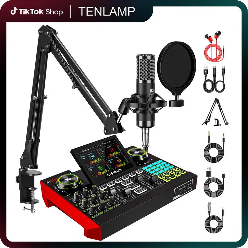 Tenlamp G10-P15 Cantilever Sound Card Kit, Upgraded Cantilever Bracket, Customizable Sound Effects, Condenser Microphone, Suitable for Live Streaming, Gaming, Vocal Podcasting, 2-Level Noise Cancellation, and Computer Audio Mixing