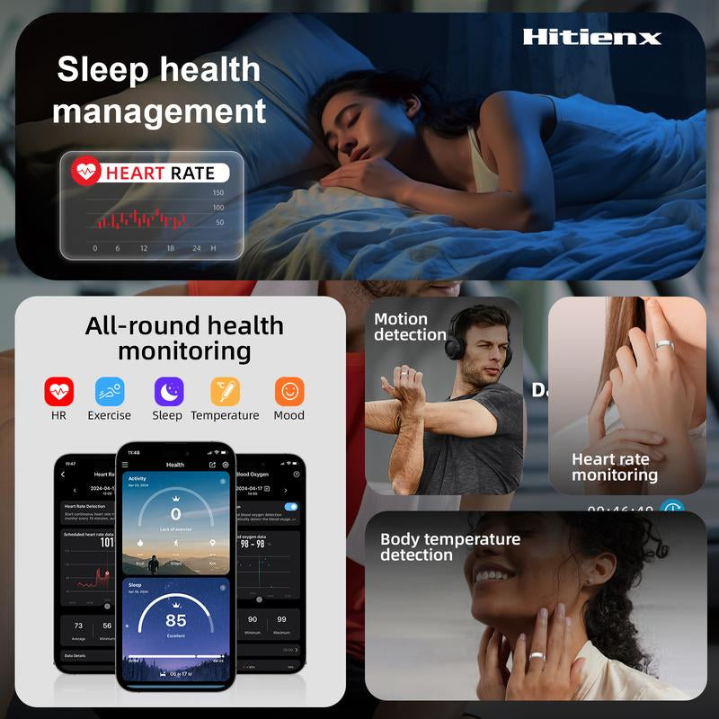 Smart Ring - Health Monitoring Device with Heart Rate, Calories, Sleep, Menstrual Cycle, Skin Temperature, Stress, Mood and Exercise Data for Men and Women, Wireless Fitness Tracker, No Surcharge, Android Ios Compatible
