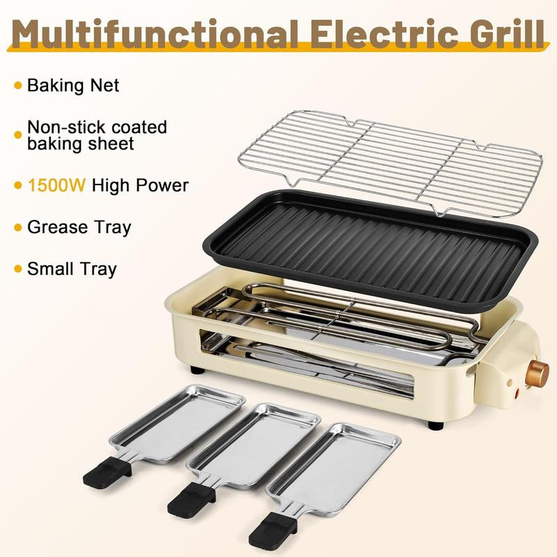 Indoor Smokeless Electric BBQ Grill,Non-Stick Cooking Removable Plate,5 Adjustable Temperatures,Dishwasher Safe,1500W,Kitchen Appliances, Household