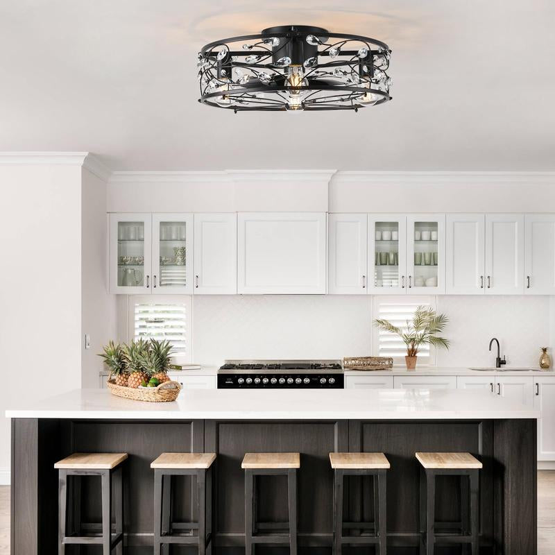 20In Caged Ceiling Fan with Light, Crystal Rustic Ceiling Fans with Remote, Bladeless Black Ceilingfan, Flush Mount Fanlights for Kitchen Bedroom