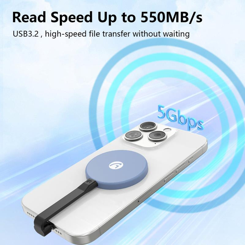 Aiffro P08 Magnetic Portable SSD with Thin Body, up to 550Mb/S Read Speeds, Supports Iphone 15 Pro, Iphone 16 Pro & Higher, and More Operating Systems