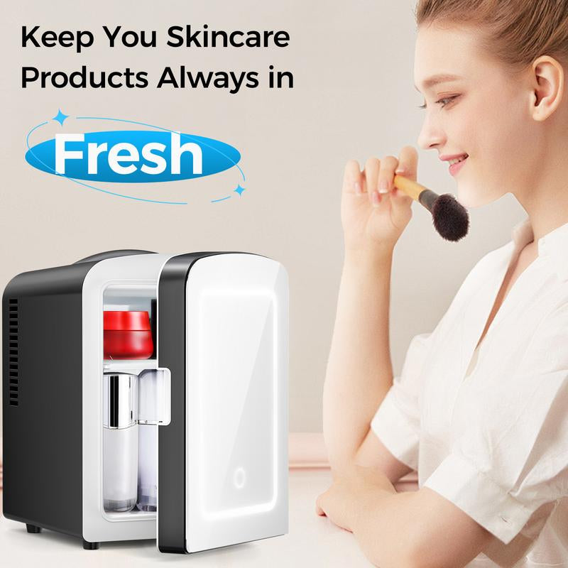 Makeup Fridge with Dimmable Mirror, 4L Mini Fridge for Bedroom, Car, Office & Dorm, Cooler & Warmer, Portable Small Refrigerator