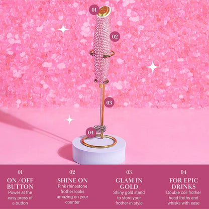 Paris Hilton Electric Milk Frother, Handheld Mixer with Rhinestone Handle, Battery Operated for Lattes, Matcha & More