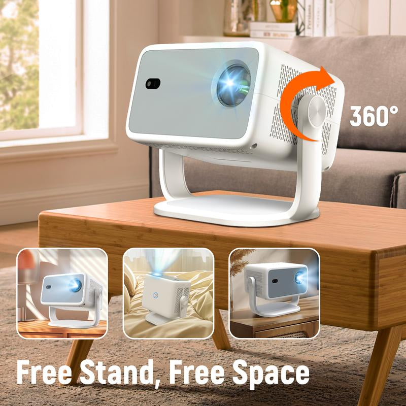 4K Projector [Netflix Official/Auto Focus/360° Swivel Base] Projector with Wifi and Bluetooth 1080P Native Projector One-Click Use Netflix/Youtube, Smart Home Outdoor Projector Audio White