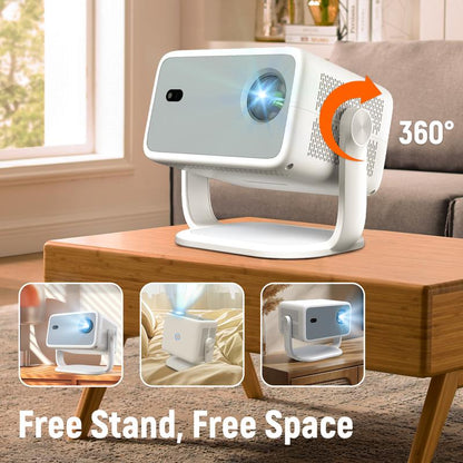4K Projector [Netflix Official/Auto Focus/360° Swivel Base] Projector with Wifi and Bluetooth 1080P Native Projector One-Click Use Netflix/Youtube, Smart Home Outdoor Projector Audio White
