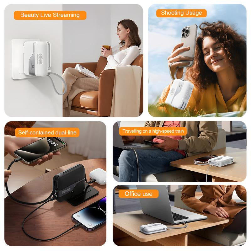 65W Fast Charging Portable Charger Power Bank with Built in Cables & AC Wall Plug,20000Mah External Battery Pack for Iphone 16/15/14/13/12 Pro, Ipad, Macbook Air, Samsung