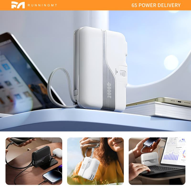 65W Fast Charging Portable Charger Power Bank with Built in Cables & AC Wall Plug,20000Mah External Battery Pack for Iphone 16/15/14/13/12 Pro, Ipad, Macbook Air, Samsung
