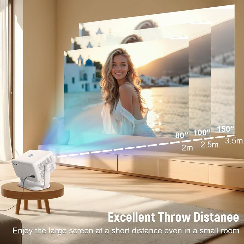 4K Projector [Netflix Official/Auto Focus/360° Swivel Base] Projector with Wifi and Bluetooth 1080P Native Projector One-Click Use Netflix/Youtube, Smart Home Outdoor Projector Audio White