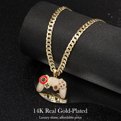 Holylegend 14K Real Gold-Plated Game Controller Necklace, Sony-Inspired CZ Diamond Pendant, 24" Rope & Cuban Chain, Hip Hop Jewelry Gift for Playstation Fans
